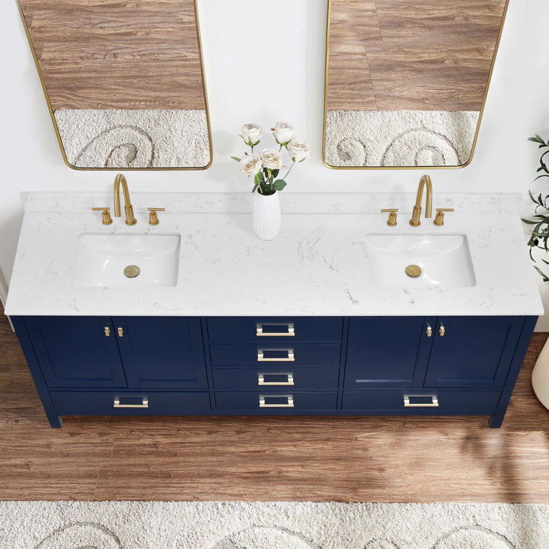 Cholena 84 Inch Bathroom Vanity With Double Sinks, Blue, Brushed Gold
