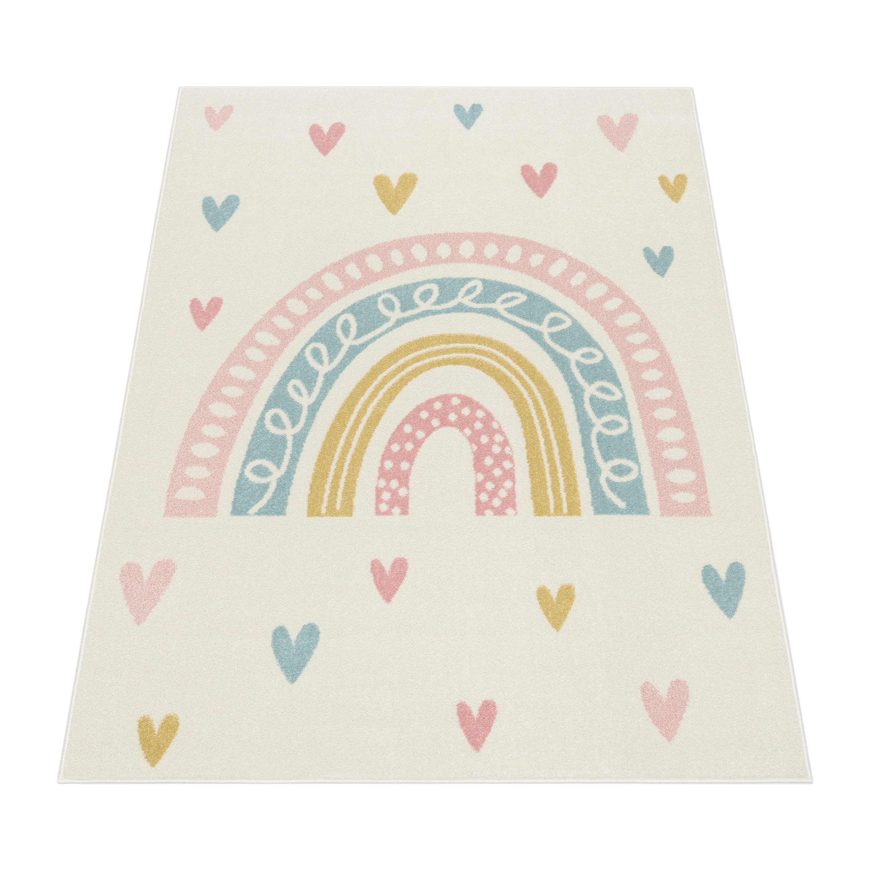 Paco Home Kids Rug With Rainbow And Hearts For Nursery In Pastel