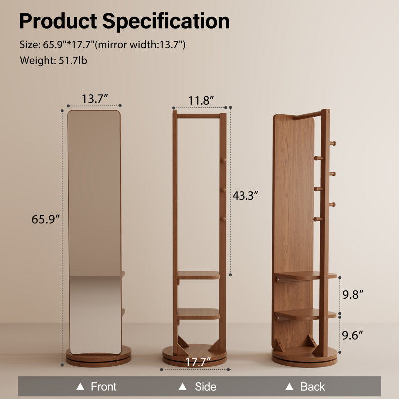 Solid Wood Full Length Mirror | Multifunctional Entryway Organizer with Rack & Hooks | Optional Rotating Base & Casters