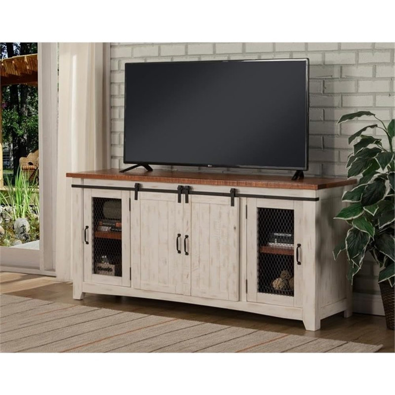 Meuble télé en bois massif avec rangement, pin blanc vieilli