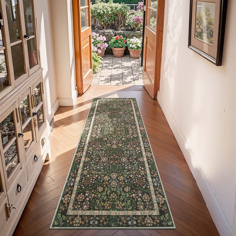 Floral Machine Washable Area Rug, Black, Runner 2' x 6'