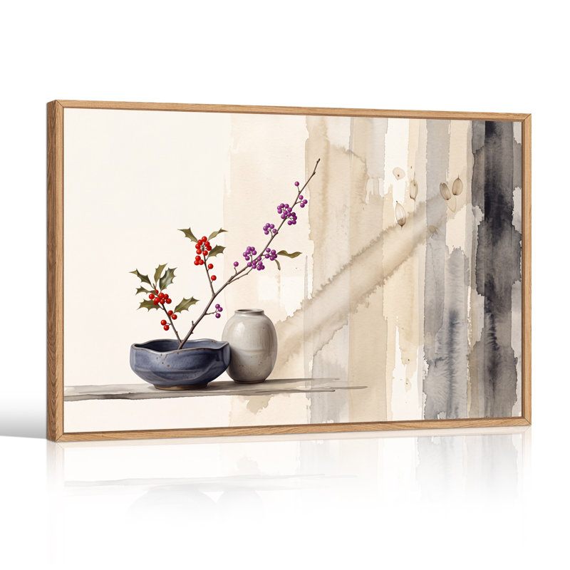 Art mural sur toile bleu et beige en céramique avec baies rouges et mauves, 24"H x36"W
