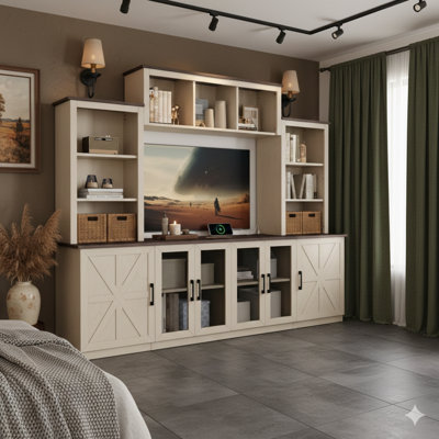 Wall Unit Entertainment Center With A Built-In Charging Station And USB Ports. Features A Large Storage Cabinet And A Modern Media Console Design, Available In Beige.