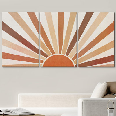 Soleil orange brillant sur l'horizon, impression géométrique sur toile, 3 pièces
