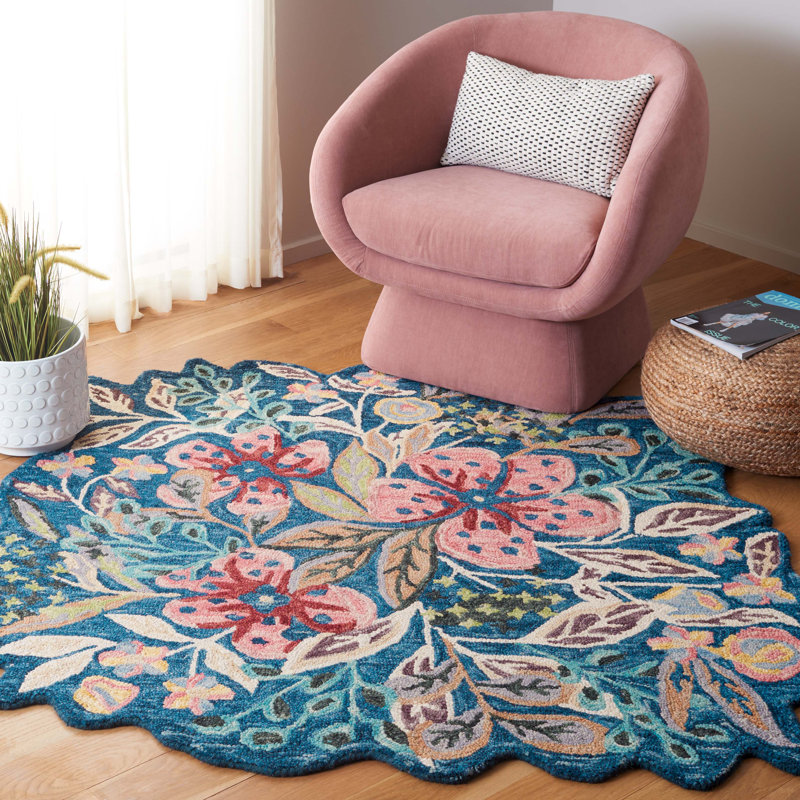 Tapis floral bleu / rose en laine / coton touffeté à la main Bott 362, Rond 5 pi