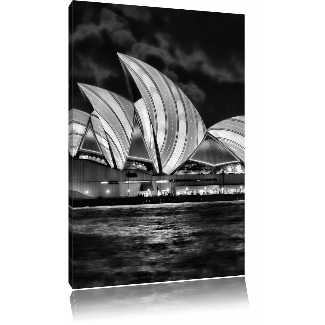 Leinwandbild Sydney Opera House blau gelbe Streifen in Monochrom