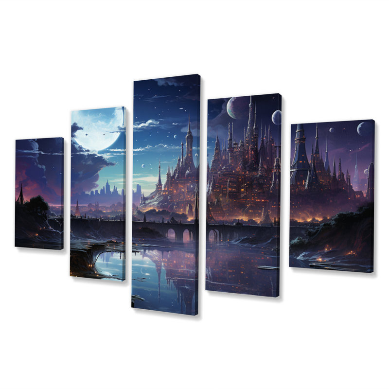 «Science Fiction Cityscape At Night - Fantasy», reproduction sur toile - 5 panneaux