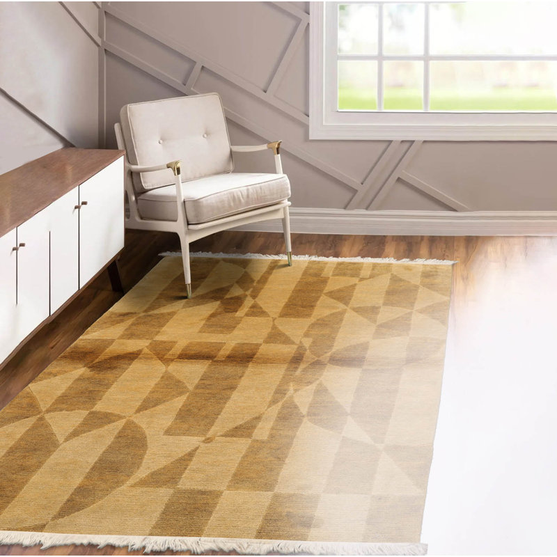 Tapis beige / doré à motif abstrait en laine noué à la main 4 pi x 6 pi Sophiyah