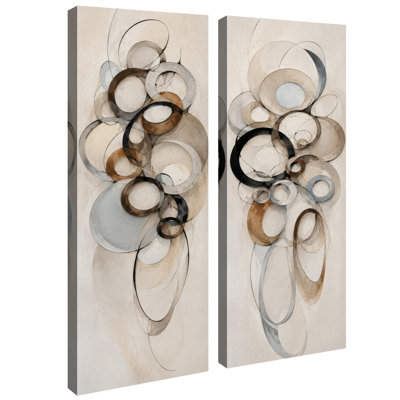 Ensemble de 2 impressions sur toile abstraites à cercles superposés beige neutre – 81 x 30 x 5 cm