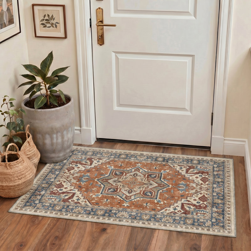 Abdullah Medallia Orange / Blue Indoor Floral Area Rug,Machine Washable,with Non-Slip Backing, Rectangle 8' x 10'