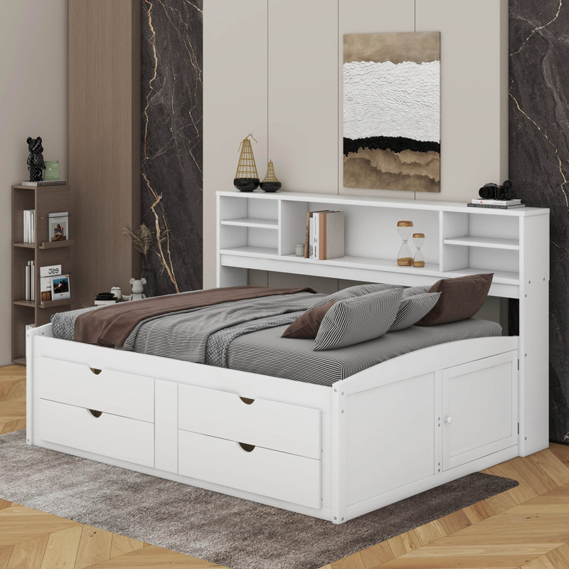Lit de jour double en bois avec 2 tables de chevet, tablettes et tiroirs, Blanc