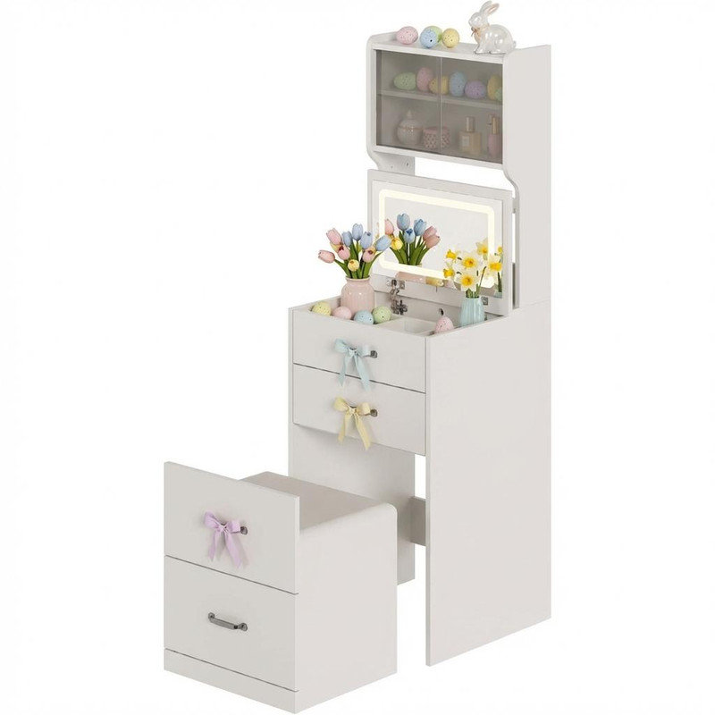 3-in-1 Vanity Desk with 3 Color LED, Compact Makeup Vanity Set with 2 AC Outlets & USB, Dressing Table with Drawers & Acrylic Doors, Nightstand Vanity Mirror, Jewelry Box, Cushioned Hidden Chair