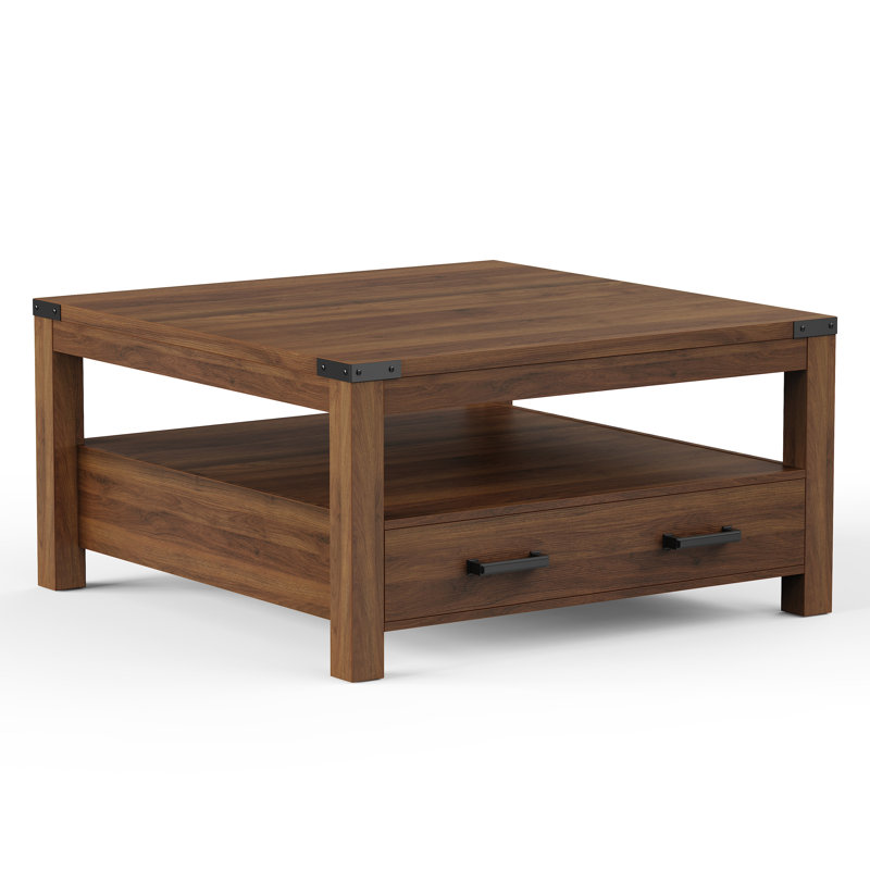 Table basse avec grand tiroir de rangement et tablettes de rangement à 2 niveaux, Noyer