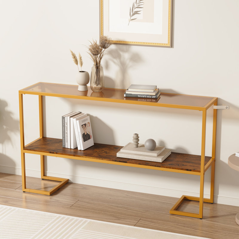 Console Sofa Table, 52" Modern Entryway Table, 2-tier Open Shelf With Tempered Glass, Metal Frame Behind Couch Table With Gold Metal Frame For Living Room Hallway Entrance, Brown