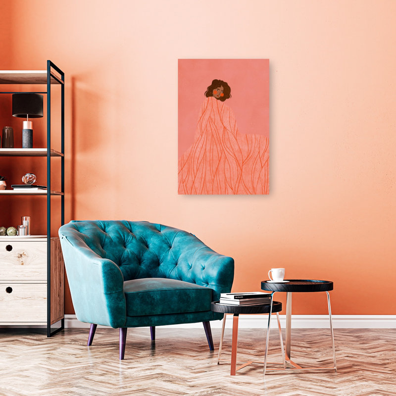 Coral Woman Dreaming Abstract Dreamy Minimalist Portrait Wall Art Print by Bea Muller - Wrapped Canvas Print