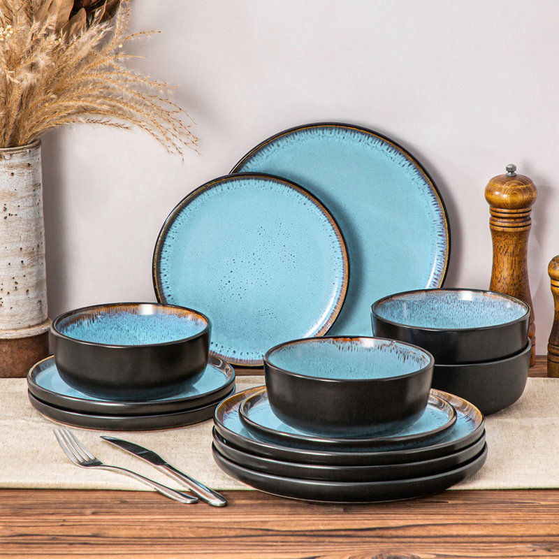 Service de table en grès 12 pièces, service pour 4 Amber, Bleu