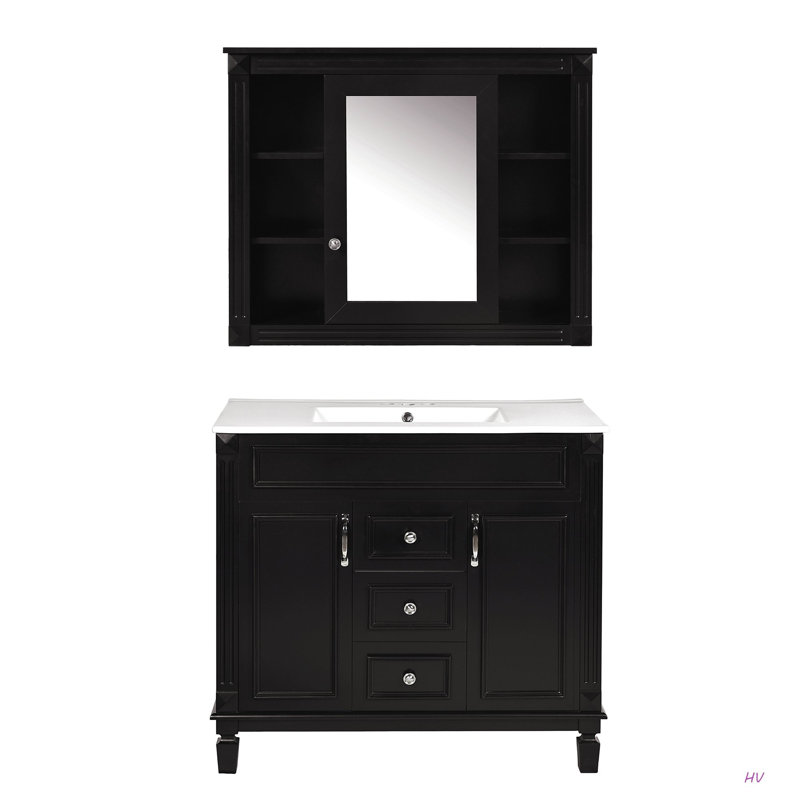 Meuble-lavabo de 36 po avec lavabo supérieur, armoire à miroir, armoire de rangement moderne avec 2 portes à fermeture douce et 2 tiroirs, meuble-lavabo simple