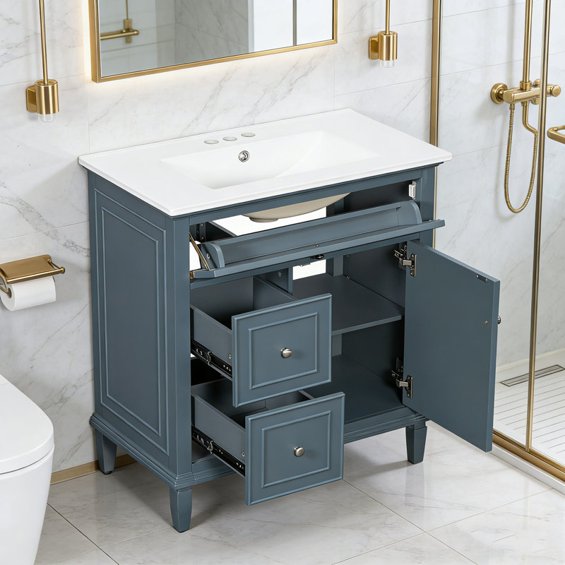 Meuble-lavabo de salle de bain avec lavabo, un tiroir rabattable et deux tiroirs, Bleu gris