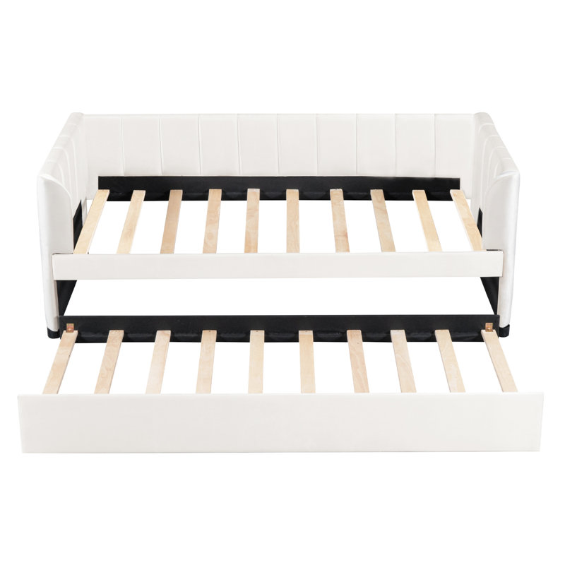 Lit de jour simple beige avec rangement gigogne extensible, ergonomique et empilable