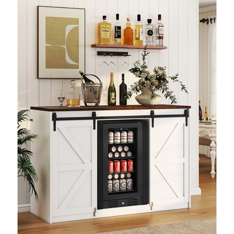 Farmhouse Coffee Bar Cabinet with Power Outlet & Fridge Space, Mini Fridge Cabinet with Barn Doors for Living Room