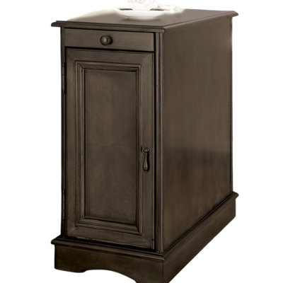 Gray Side Table With Transitional Design, Pull-Out Cup Holder, Built-In Outlet And Storage Compartment, Solid Wood For Strength, 40 Lb Product Weight Of Style Outlet, Holder Cabinet, Durability, 27