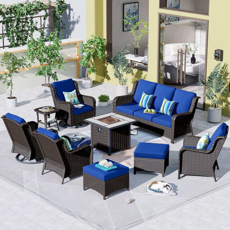 Cracraft Wicker 7 - Person Patio Conversation Set with Cushions, Navy Blue, Brown
