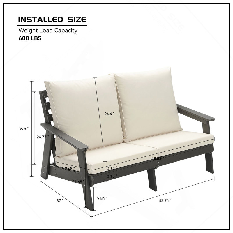 Grey/Beige Garden Loveseat with Cushion, Wood Grain Outdoor Sofa