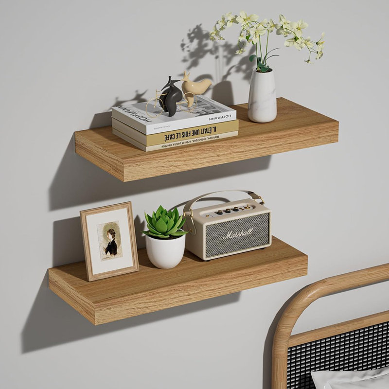Floating Wall Shelves Set Of 2, 24" Wood Shelves For Storage & Decor, Oak
