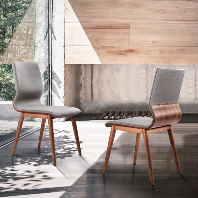 Mid-Century Dining Chair In Walnut Finish And Gray Fabric - Set Of 2