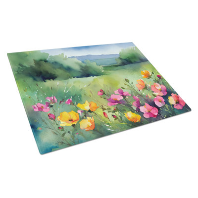 North Dakota Wild Prairie Roses in Watercolor Glass Cutting Board Large