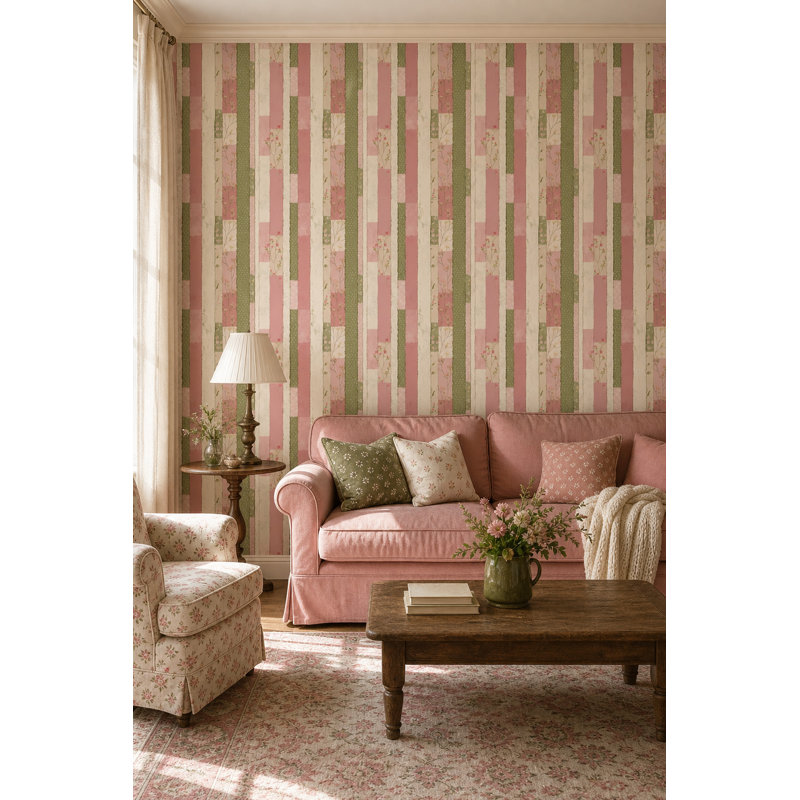 Papier peint rayé rose, vert sauge, décoration murale rétro, Non tissé, non collé