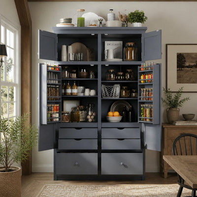 Armoire de cuisine autoportante de 118 x 53 x 190 cm, armoire de rangement haute avec étagères réglables, 8 portes, 6 tiroirs et système antibasculement, style Shaker, idéal pour la cuisine, la salle à manger et le salon.
