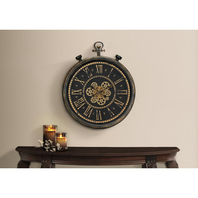 Clocks, 24" Round, Gear Mechanism, Wall Clock, Brown, Transitional
