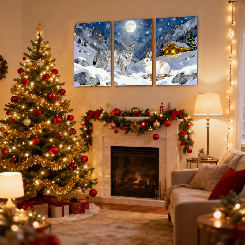 «Christmas Snowy Mountain Landscape with Lynx and Rabbit», ensemble de 3 reproductions d'art sur toile, H 30 po x l 60 po