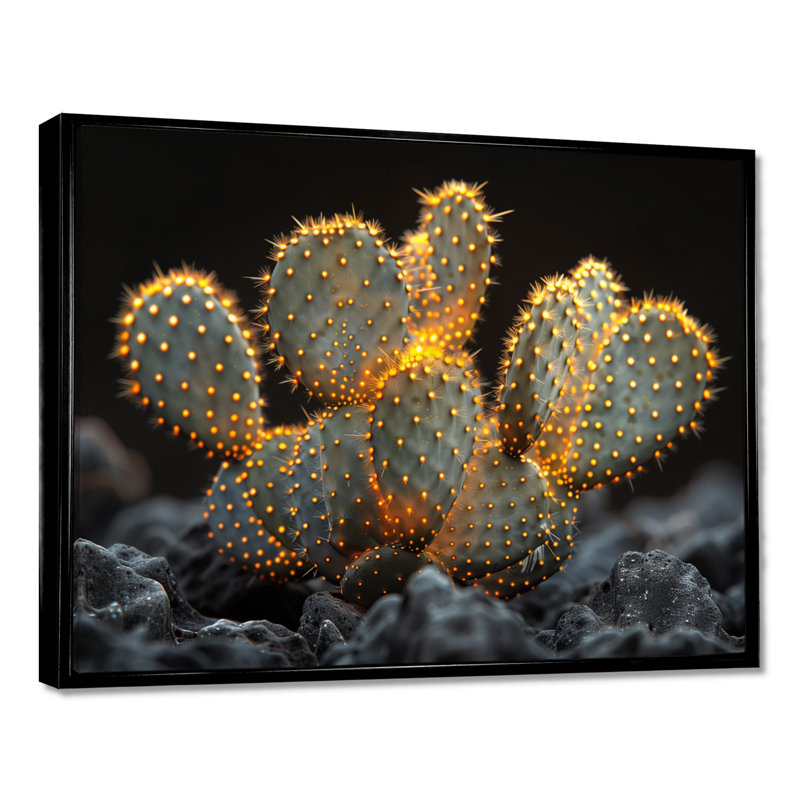 Cactus jaune, jaune, noir, coucher de soleil, Toile avec cadre flottant noir, H 12 po x l 20 po x P 1 po