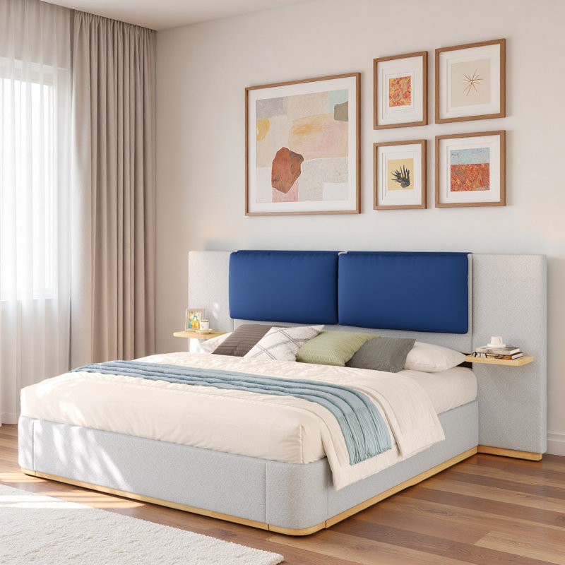 Lit plateforme tapissier avec tablettes, Gris te bleu, Grand lit