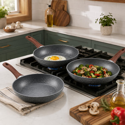 Nonstick Aluminum Frying Pan 3-Piece Set, Pre-Seasoned, Lightweight and Quick-Heating, Gray