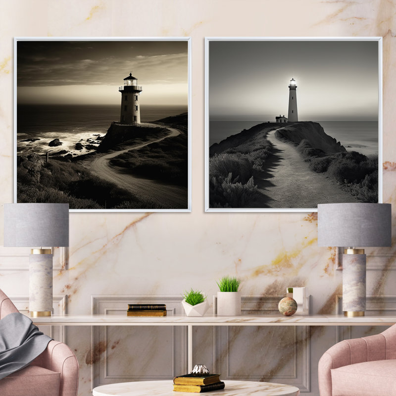 Phare noir et blanc Panorama, Cadre flottant blanc, 30" H x 61" W