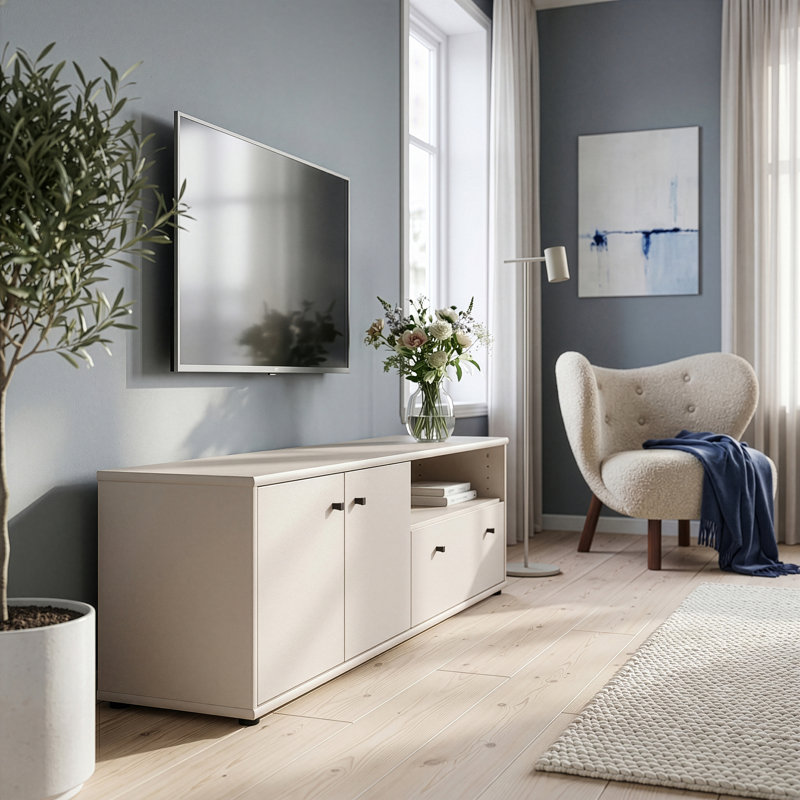 Sabel Modern TV unit with 2 doors, 1 drawer and open compartment, living room cabinet, engineered wood, 143.9 cm W x 43.9 cm H x 34.8 cm D