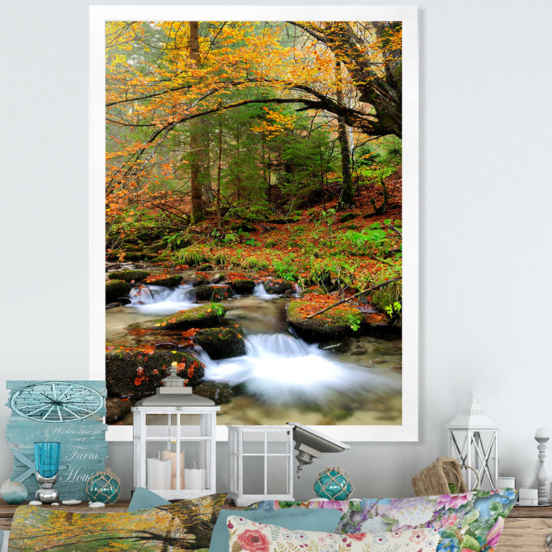 «Beautiful Autumn Forest Waterfall V», œuvre d'art traditionnelle sur toile, H 8 po x l 12 po x P 1 po