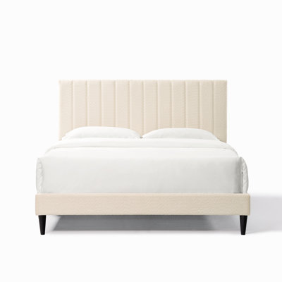 Lit de luxe tapissier blanc perle pour grand lit avec réduction de bruit et plateforme de chambre en tissu doux avec sangles de revêtement