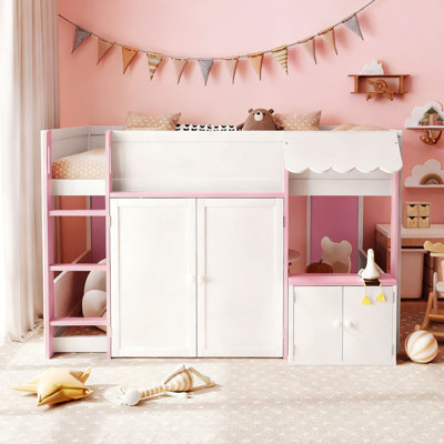 Lit mezzanine double avec maisonnette et rangement, chalet en bois moderne pour enfants / adolescents, imagination et organisation
