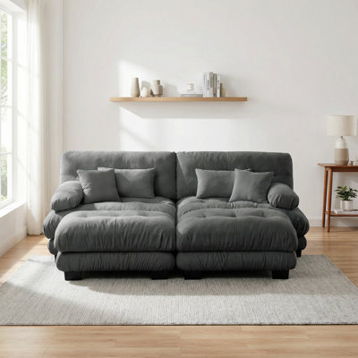 Canapé-lit modulaire en chenille gris avec 2 repose-pieds, 2 coussins lombaires et 2 coussins décoratifs pour petit salon