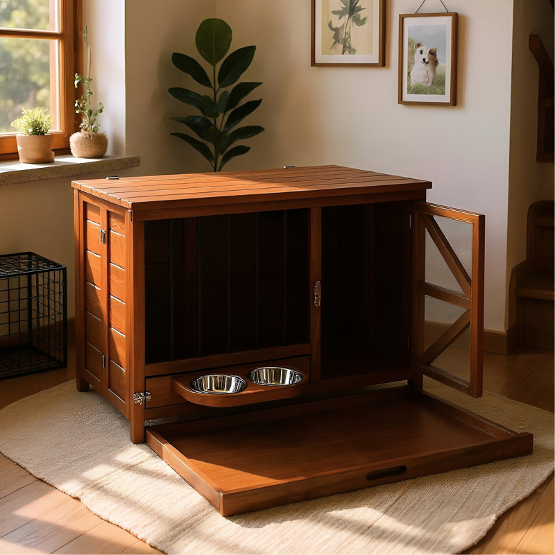 Cage pour chien moderne en bois massif de 33 po, pliable avec une mangeoire rotative à 360 °, idéale pour le collage et le rangement en noyer de grande capacité