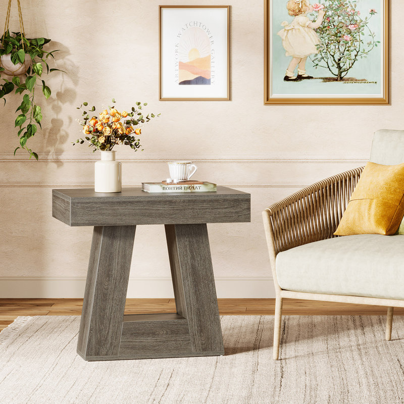 Ensemble de 2 tables d'appoint modernes à 2 niveaux de 24 po, tables de bout étroites en bois avec base trapézoïdale et finition en grain de bois de ferme