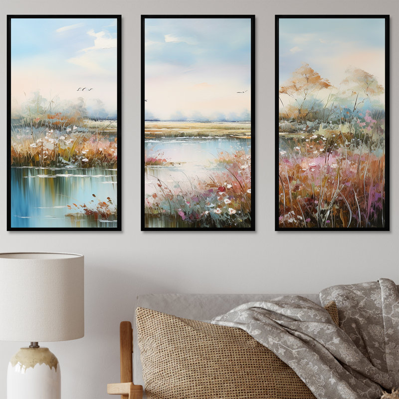 Flower Meadow Charm - Ensemble de décoration murale pré, Cadre flottant noir, H 28 po x l 36 po x P 1 po