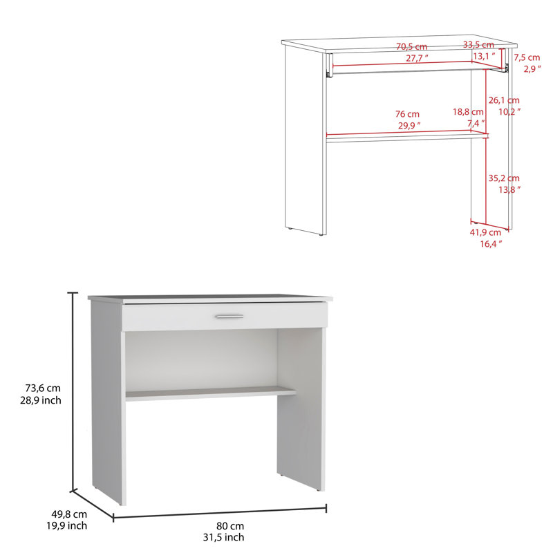 80 C Writting Desk, Compact Workstation with Drawer and Lower Shelf, White
