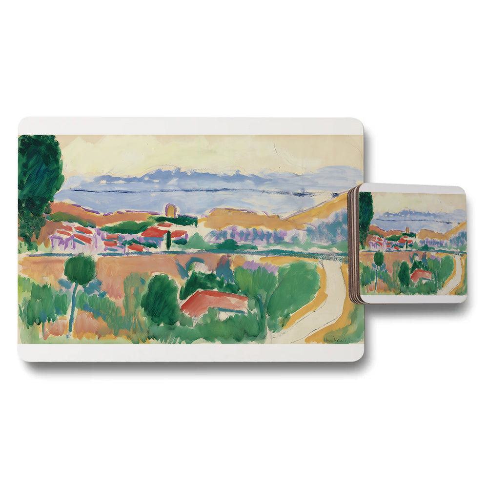 Landscape Placemats And Coaster Set With Colorful Village Scene Artwork