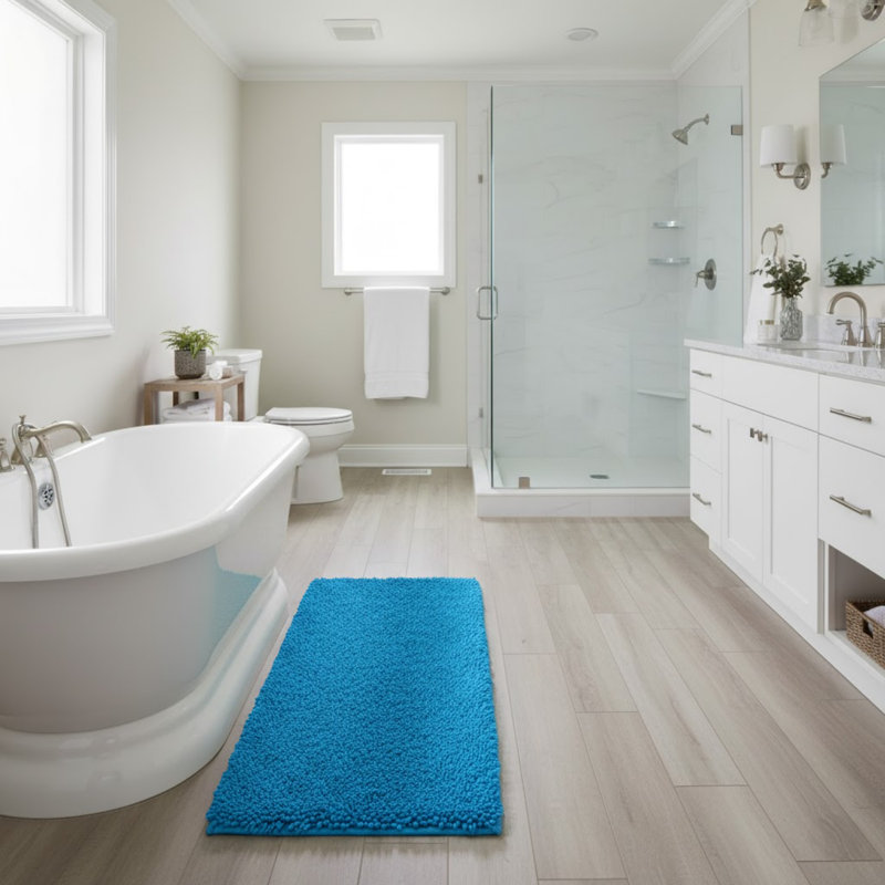 58 x 24 Chenille Bath Runner with Non-Slip Backing - Absorbent High-Pile Chenille Memory Foam, Blue
