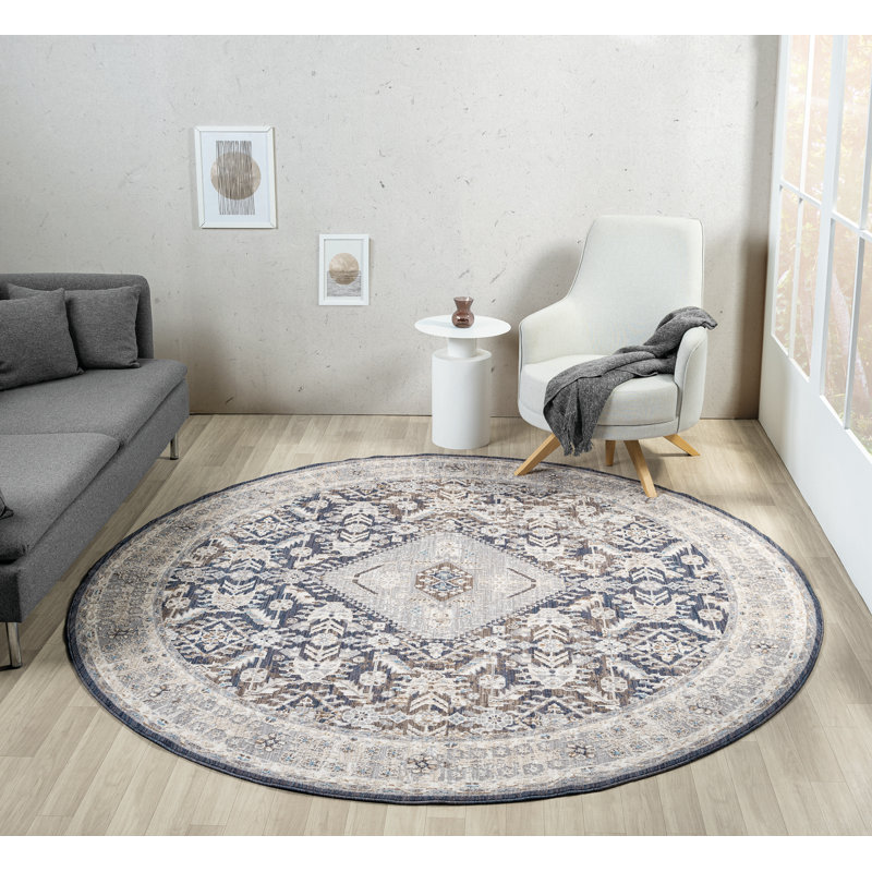 Hult Austro - Tapis médaillon brun vieilli avec motifs traditionnels, Rond 7 pi 11 po